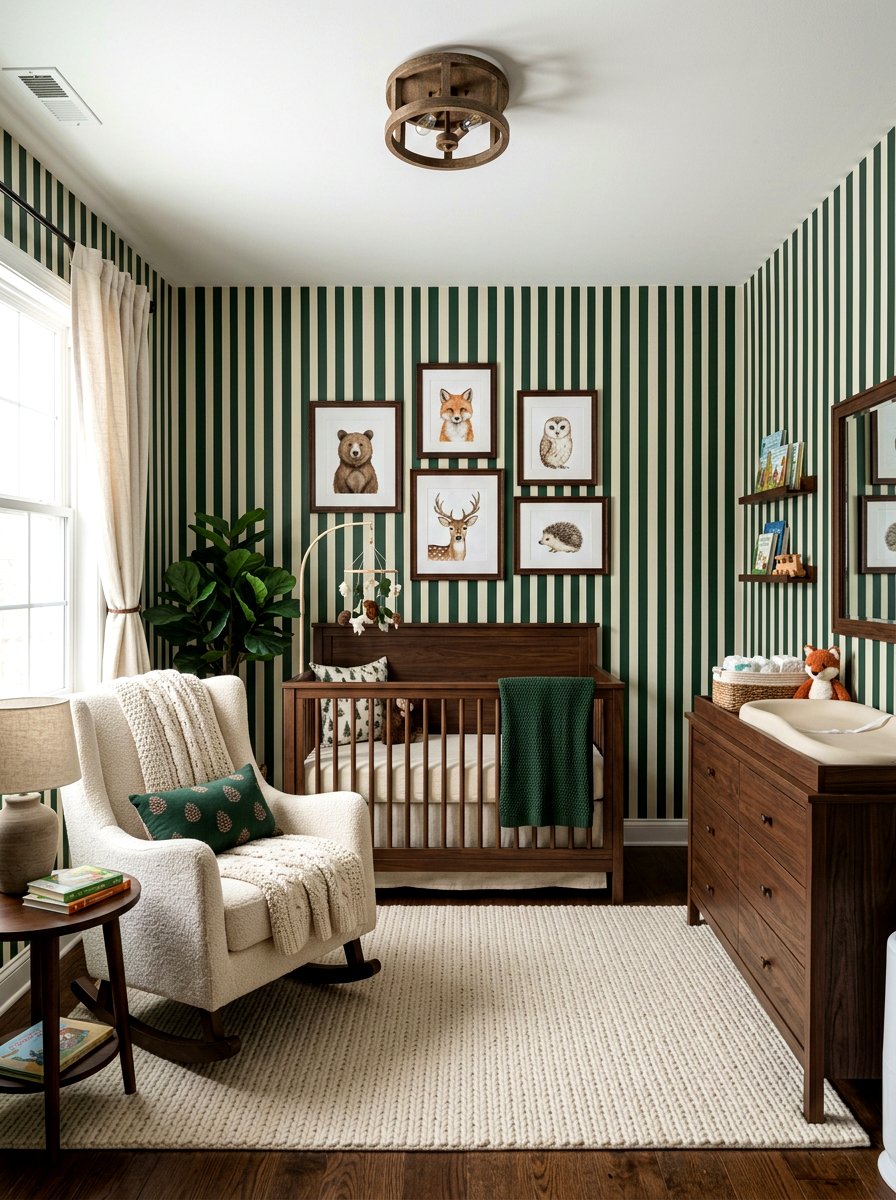 Forest Green Vertical Stripe Nursery - 30 stripe nursery wallpaper ideas