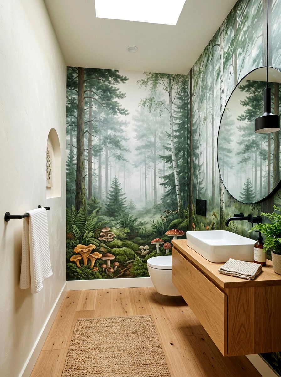 Forest Landscape Mural - 30 mushroom powder room ideas