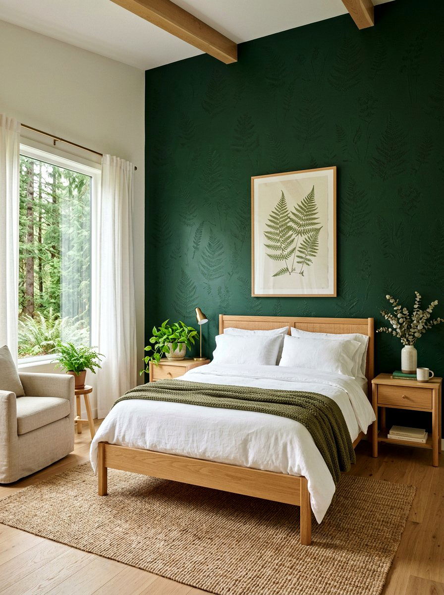 Forest green accent wall - 30 earthy bedroom ideas