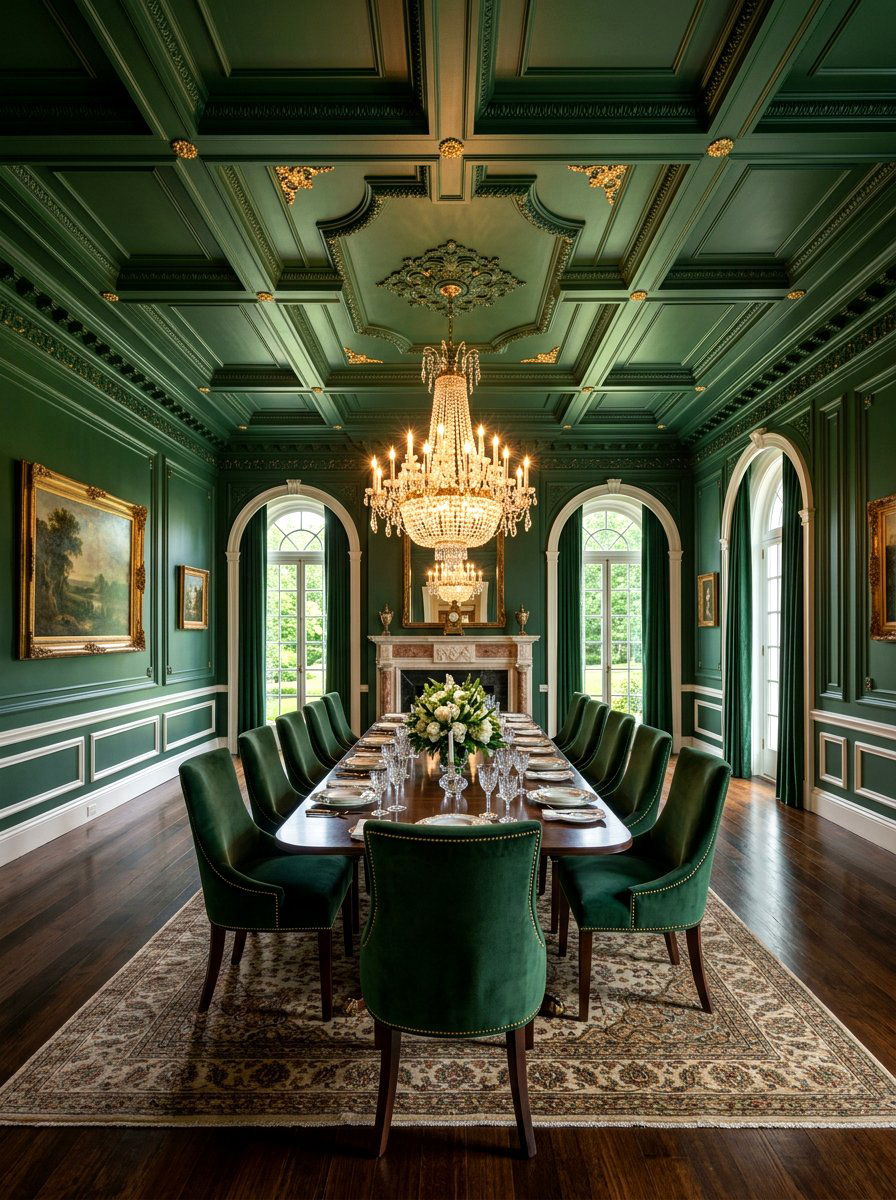 Forest green formal dining room ceiling - 30 moody ceiling paint ideas