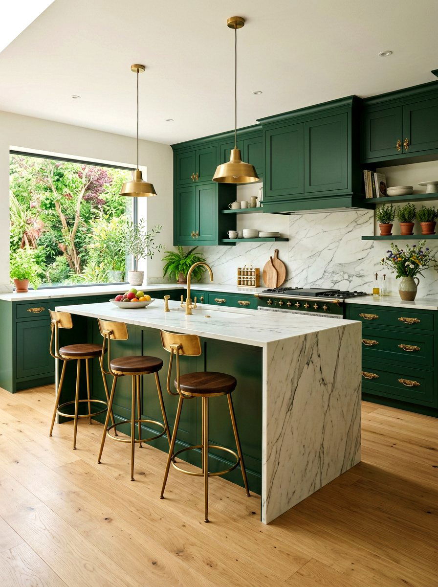 Forest green kitchen cabinets with brass - 30 kitchen paint cabinet combo ideas