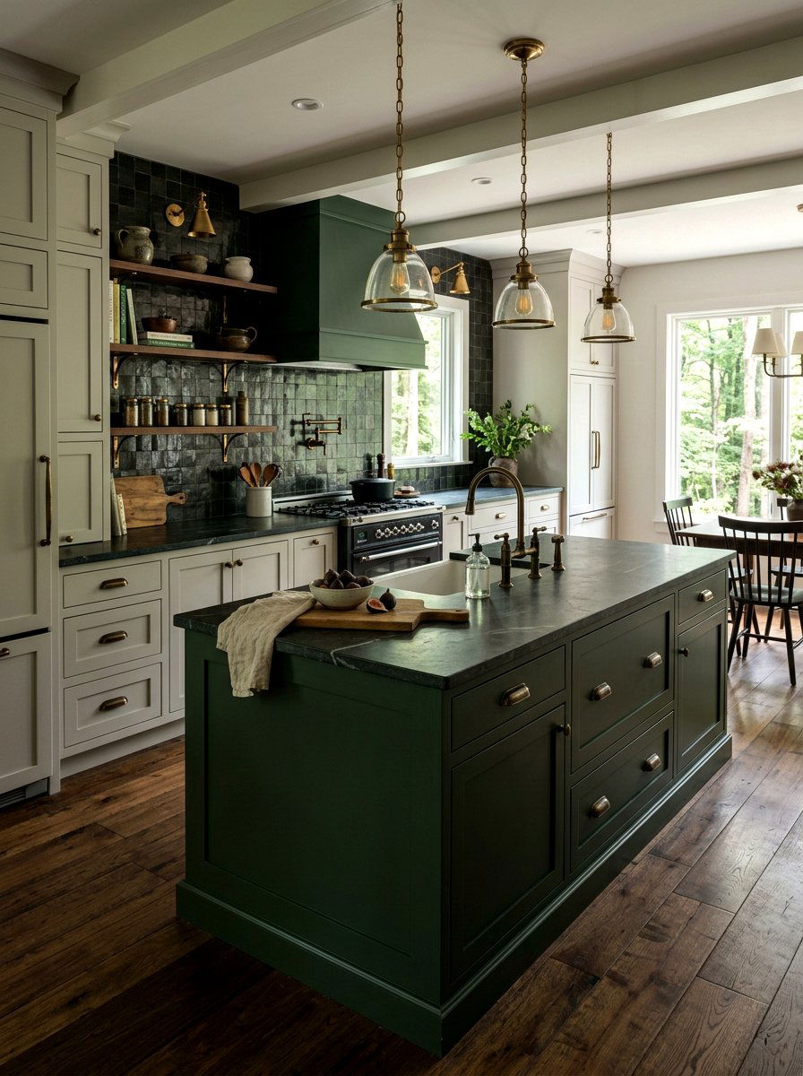 Forest green kitchen island - 30 color pop kitchen ideas