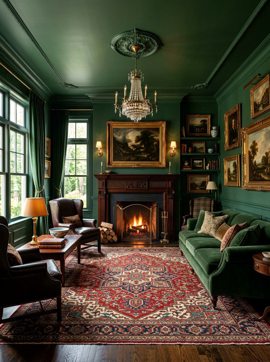 Forest green living room - 30 color drench living room ideas