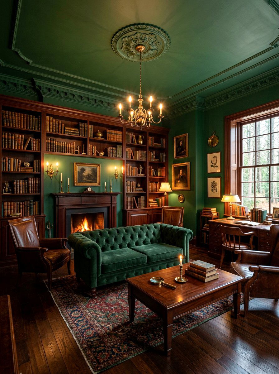 Forest green painted ceiling - 30 ceiling drench living room ideas