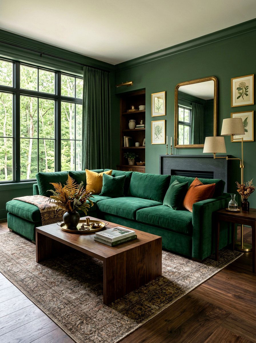 Forest green velvet living room - 30 moody fall living room ideas