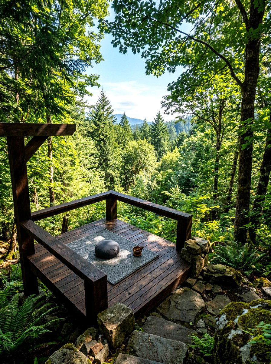 Forest view meditation platform - 30 sunrise meditation space ideas