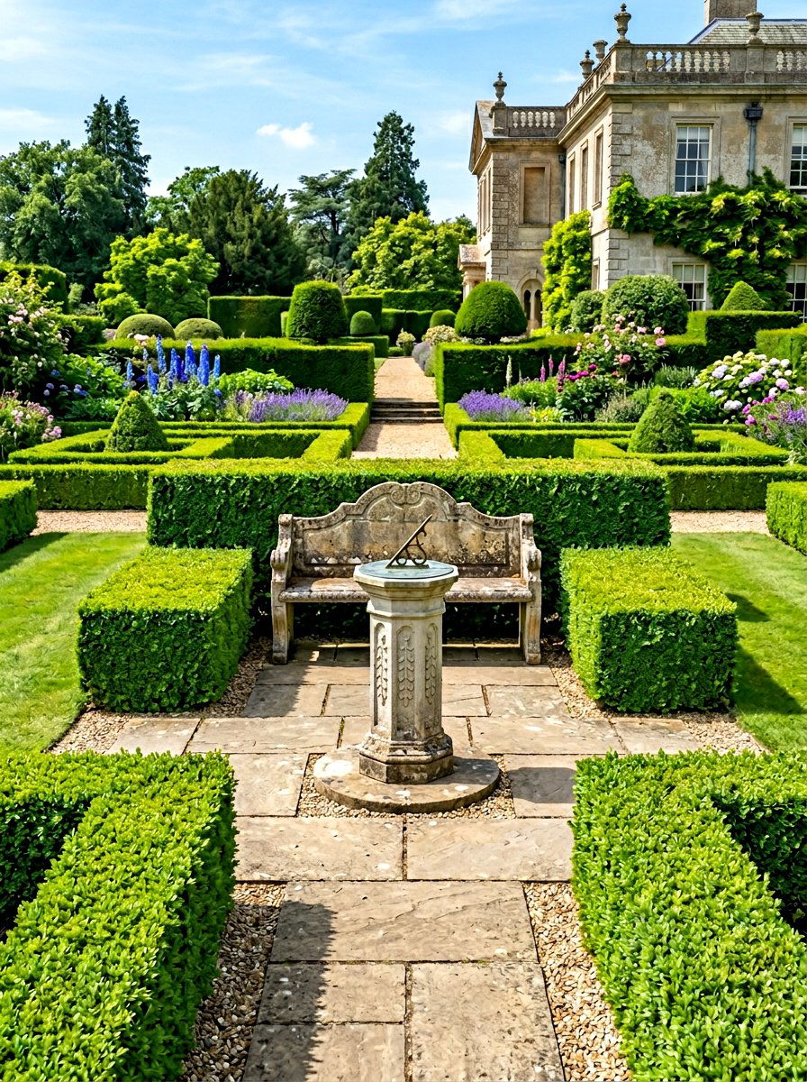 Formal Boxwood Hedge Seating - 30 tea garden seating ideas