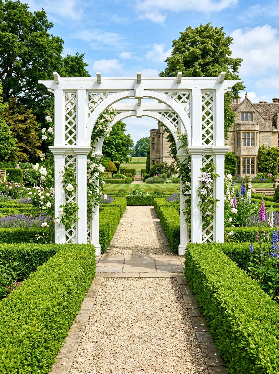 Formal Boxwood Path Arbor - 30 front arbor ideas