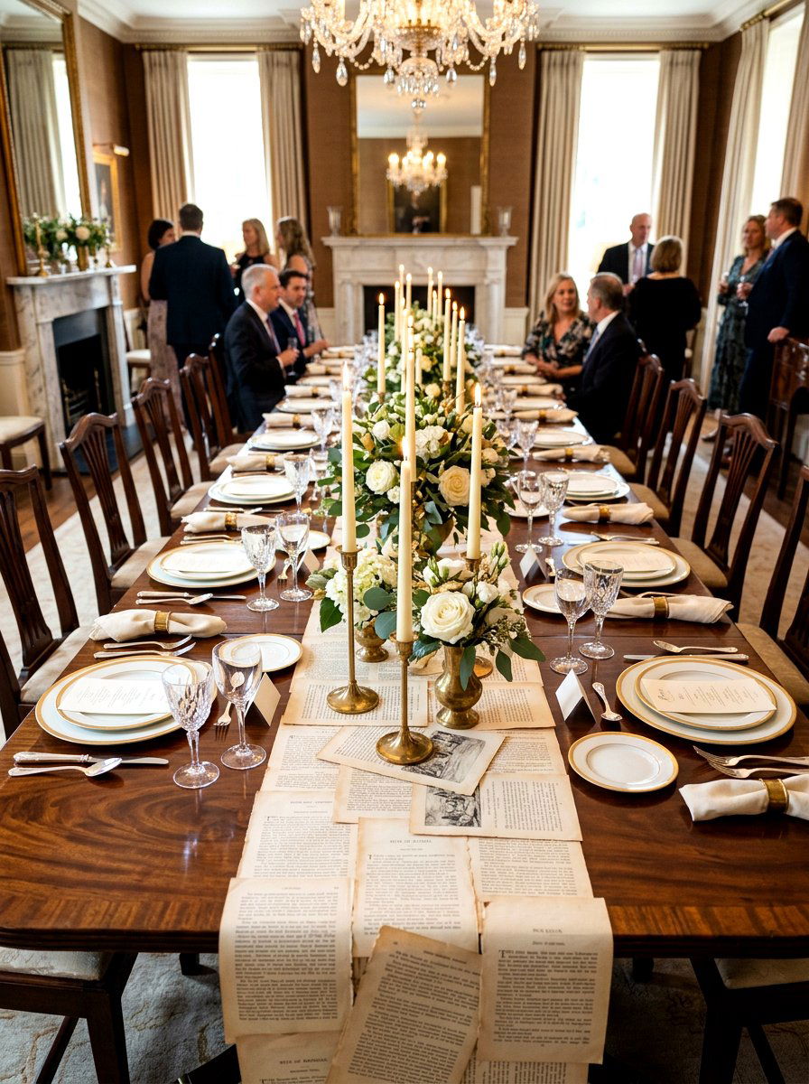 Formal Dining Table With Vintage Book Page Runner - 30 vintage book decor ideas