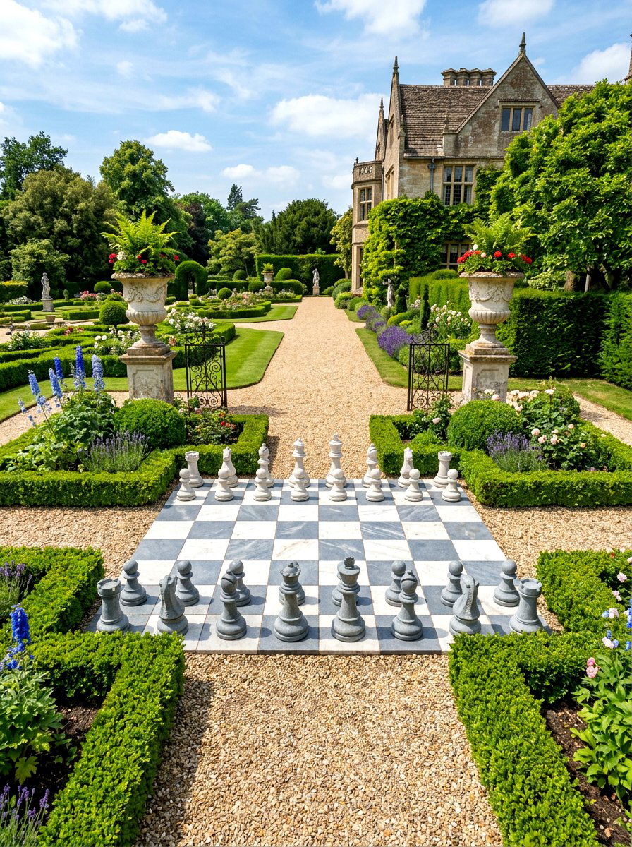 Formal English Garden Chess - 30 outdoor chess garden ideas