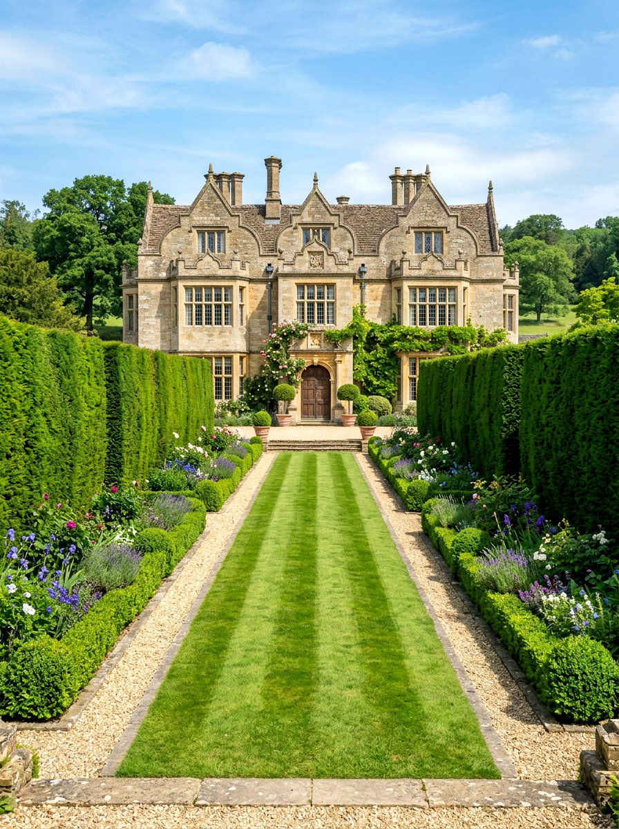 Formal Estate Style Clipped Hedges - 30 foundation flower bed ideas