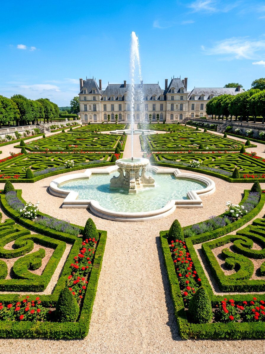 Formal French parterre fountain - 30 courtyard fountain garden ideas