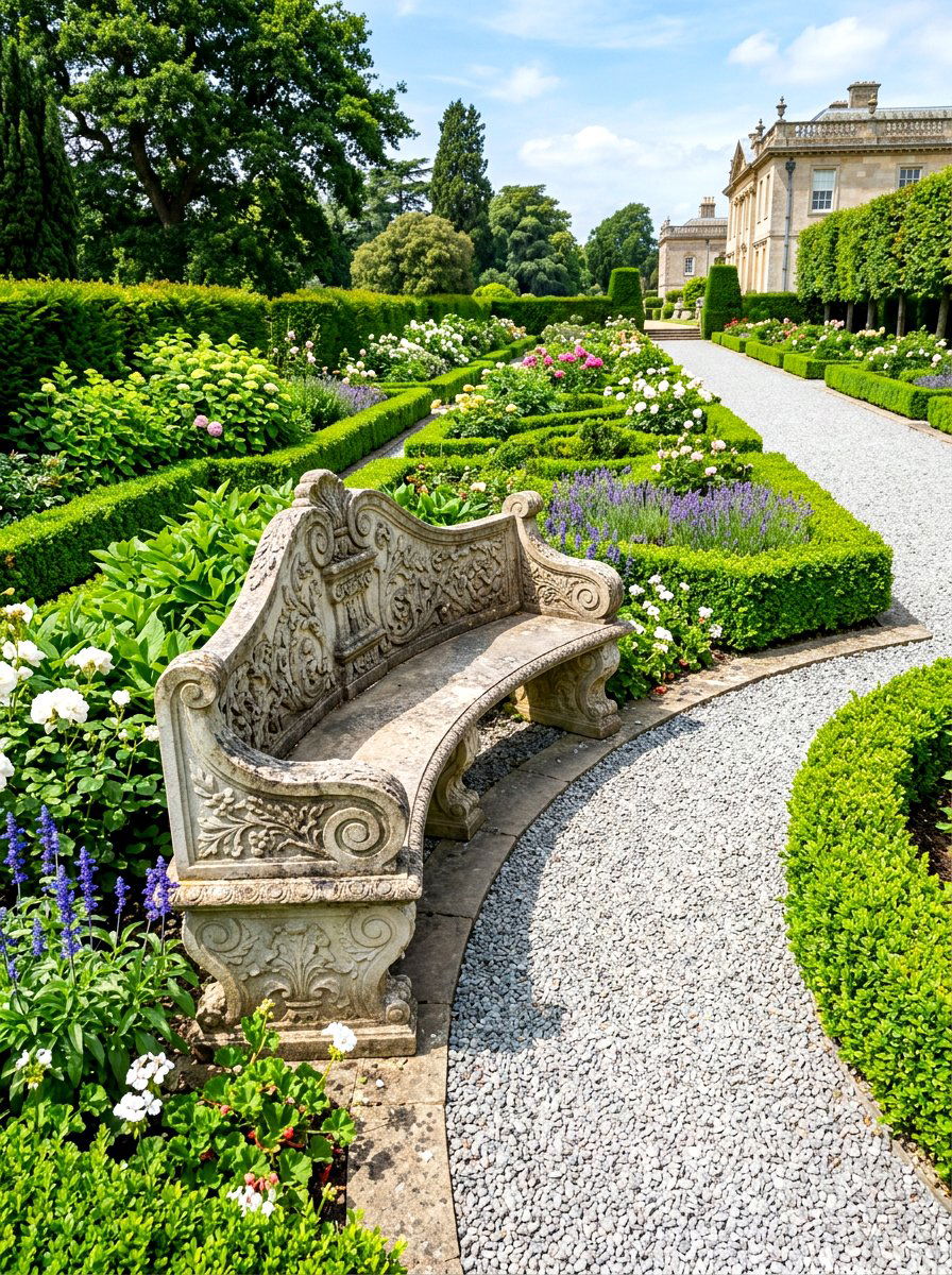 Formal Garden With Curved Stone Bench - 30 curved bench garden ideas