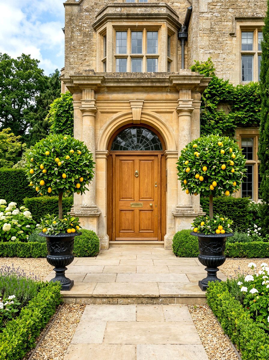 Formal Topiary Citrus Front Door - 30 potted citrus front entry ideas