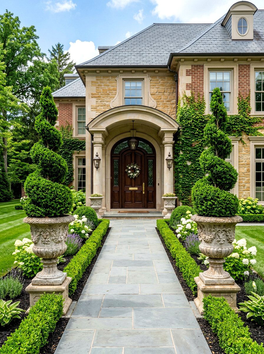 Formal Topiary Front Door Entrance - 30 front stoop garden ideas