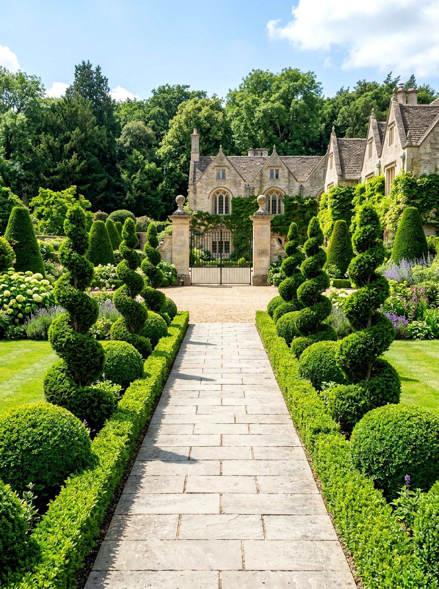 Formal Topiary Pathway - 30 layered hedge front yard ideas