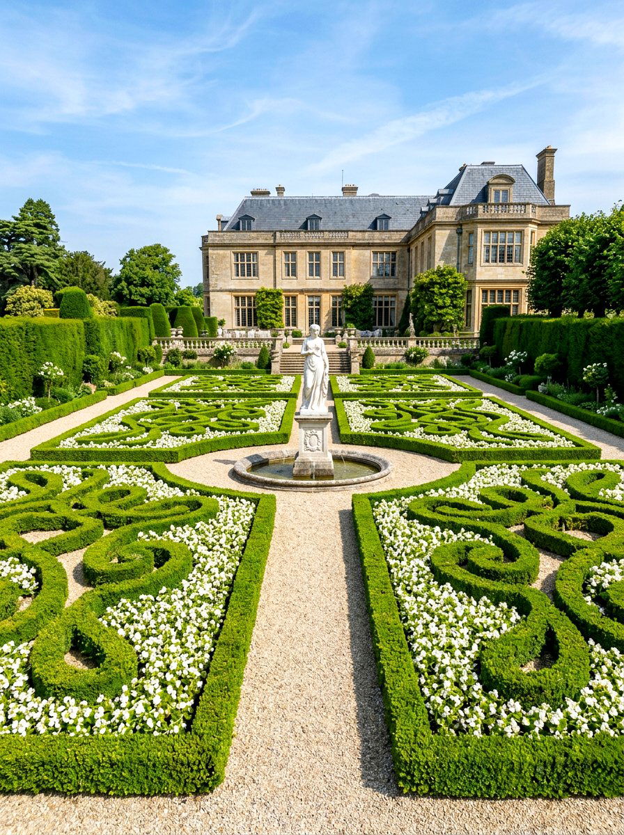 Formal White Boxwood Garden - 30 white bloom garden ideas