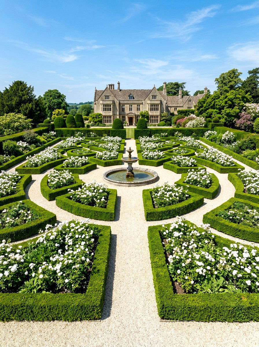 Formal White Parterre - 30 white flower garden ideas