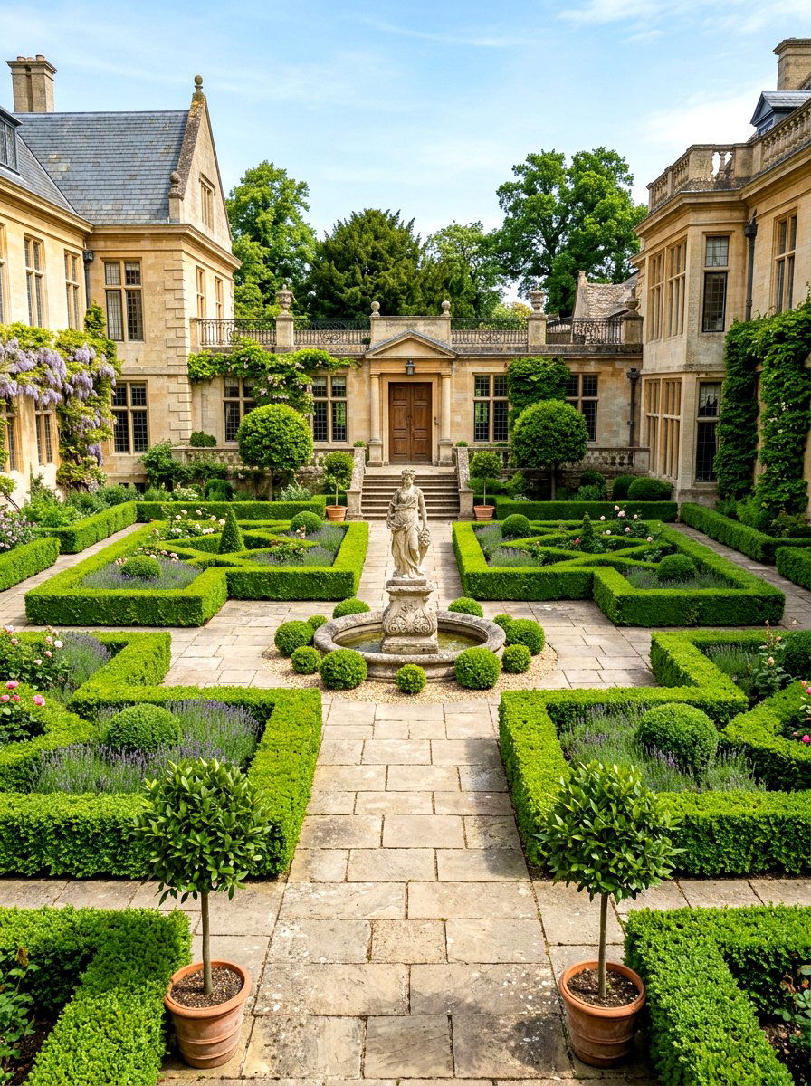 Formal boxwood courtyard - 30 indoor courtyard garden ideas