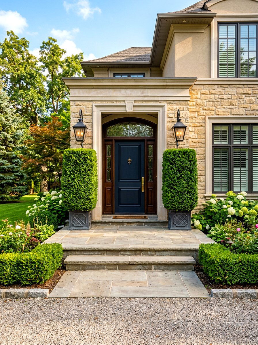 Formal boxwood entry - 30 boxwood front yard ideas