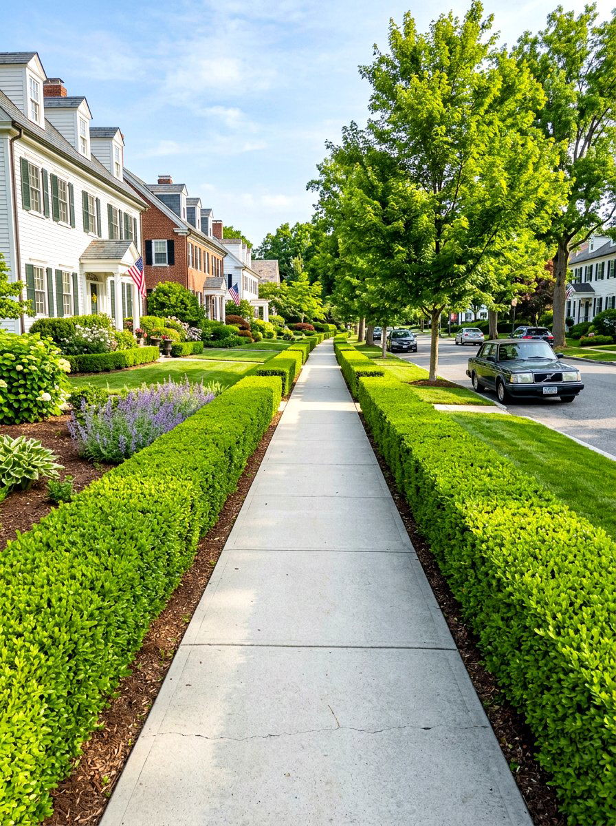 Formal boxwood sidewalk border - 30 hellstrip garden ideas