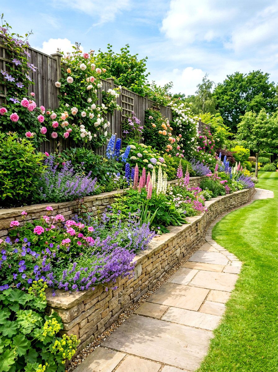 Formal tiered raised border - 30 border planting ideas along fence