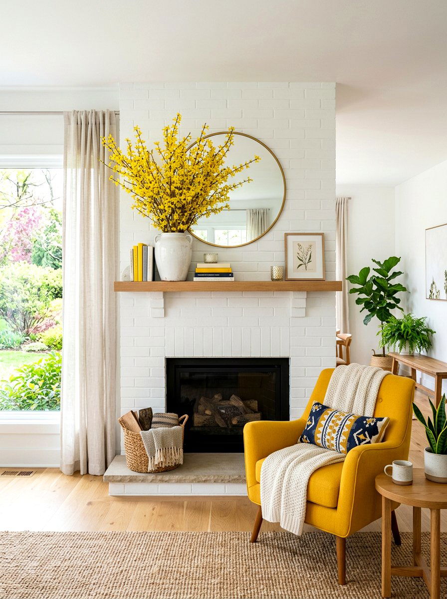 Forsythia Branch Spring Mantel - 30 spring mantel styling ideas