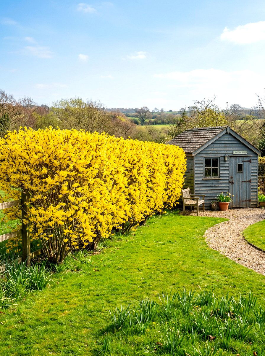 Forsythia Hedge - 30 backyard privacy hedge ideas