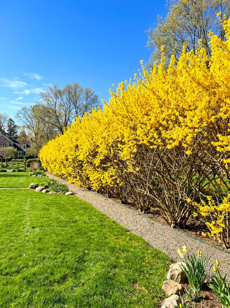 Forsythia Yellow Hedge - 30 hedge row ideas