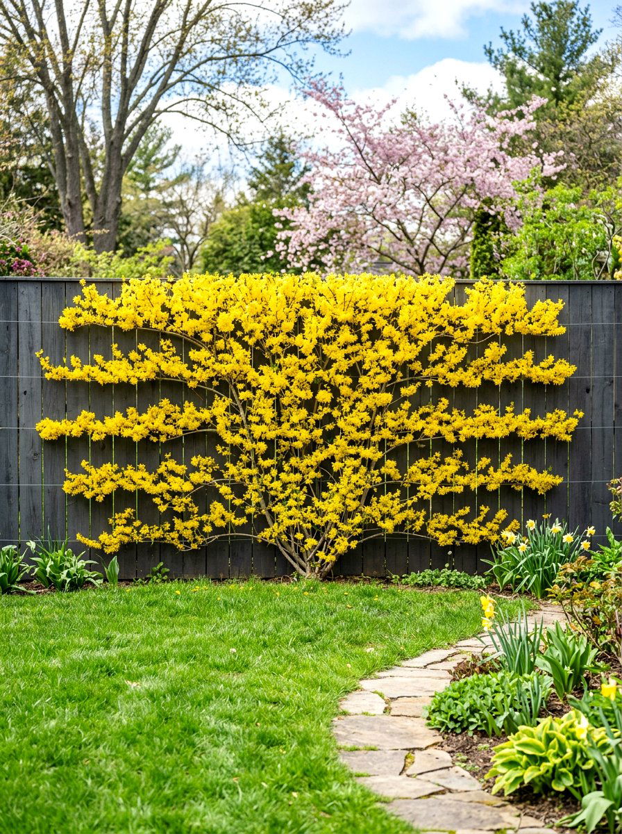 Forsythia espalier - 30 espalier wall garden ideas