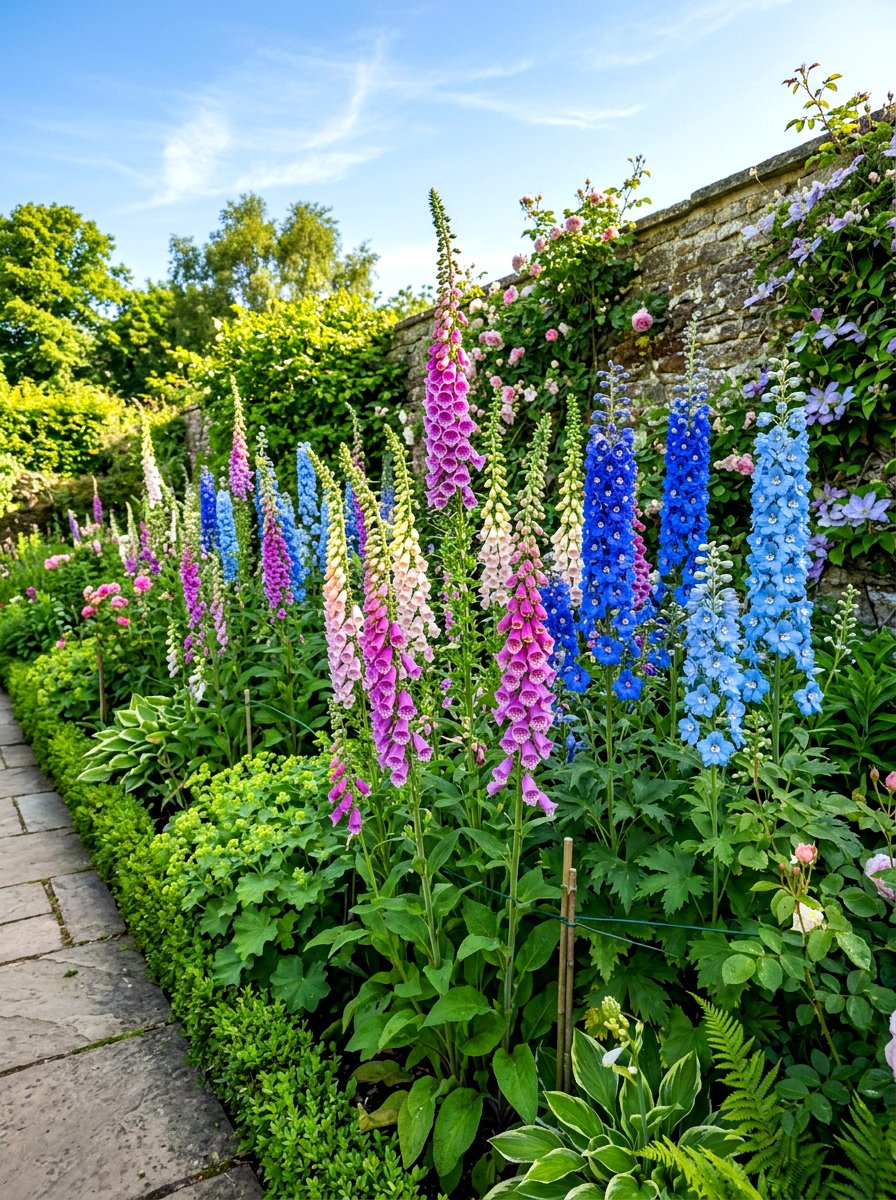 Foxglove And Delphinium Bed - 30 cottage flower bed ideas