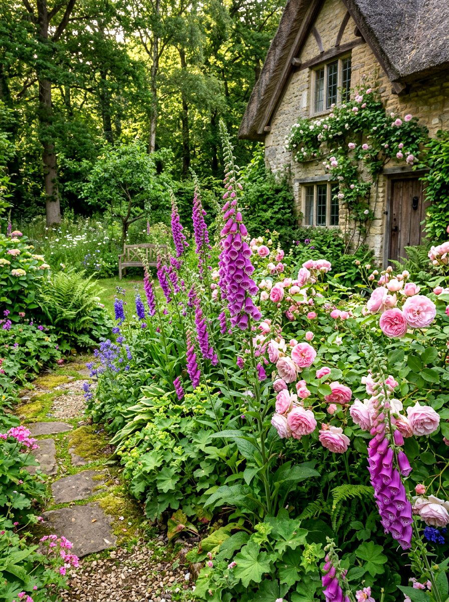 Foxglove and rose border - 30 cottage rose border landscaping ideas