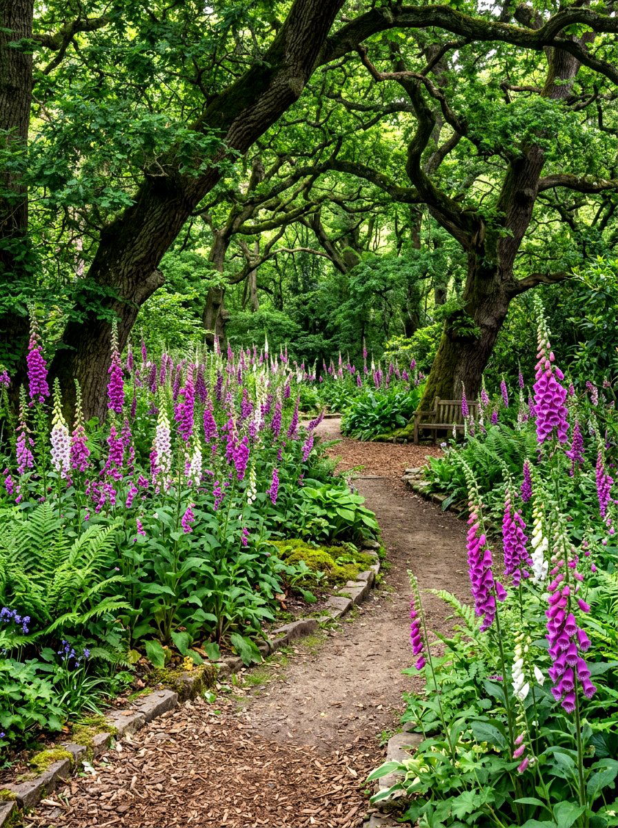 Foxglove woodland garden - 30 purple flower garden ideas