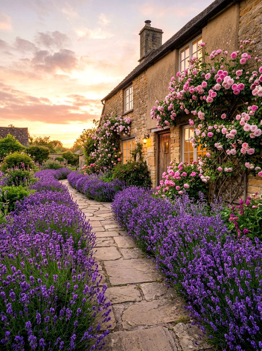 Fragrant Lavender and Rose Walkway Beds - 30 foundation flower bed ideas