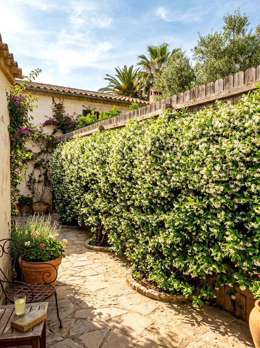 Fragrant Star Jasmine Wall - 30 fence line flower bed ideas