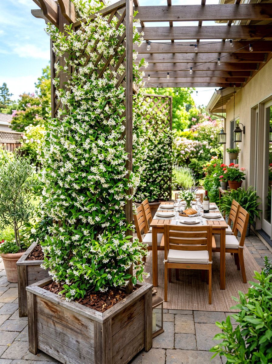 Fragrant jasmine trellises - 30 porch container garden ideas