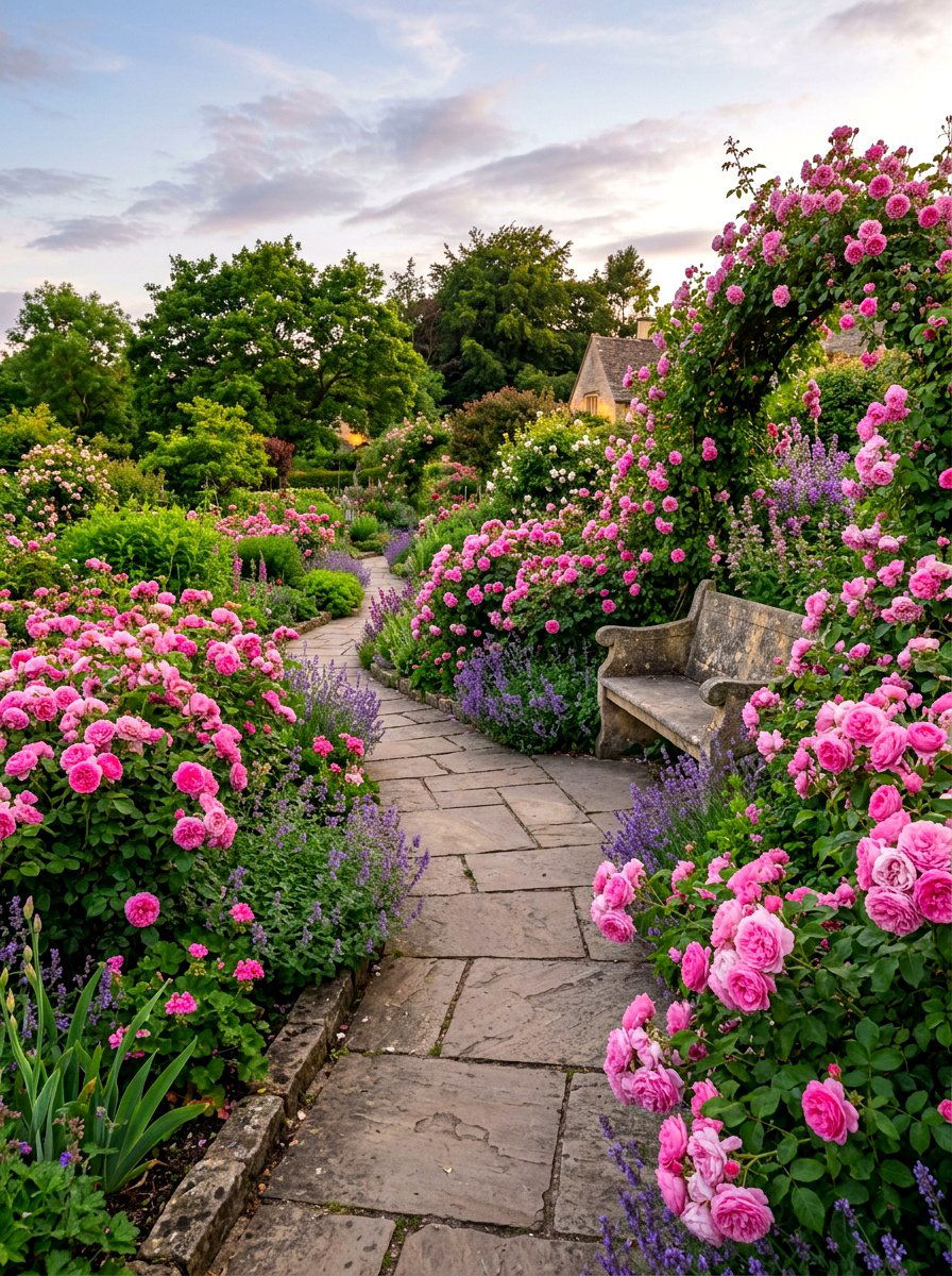 Fragrant rose garden walkway - 30 cottage rose border landscaping ideas