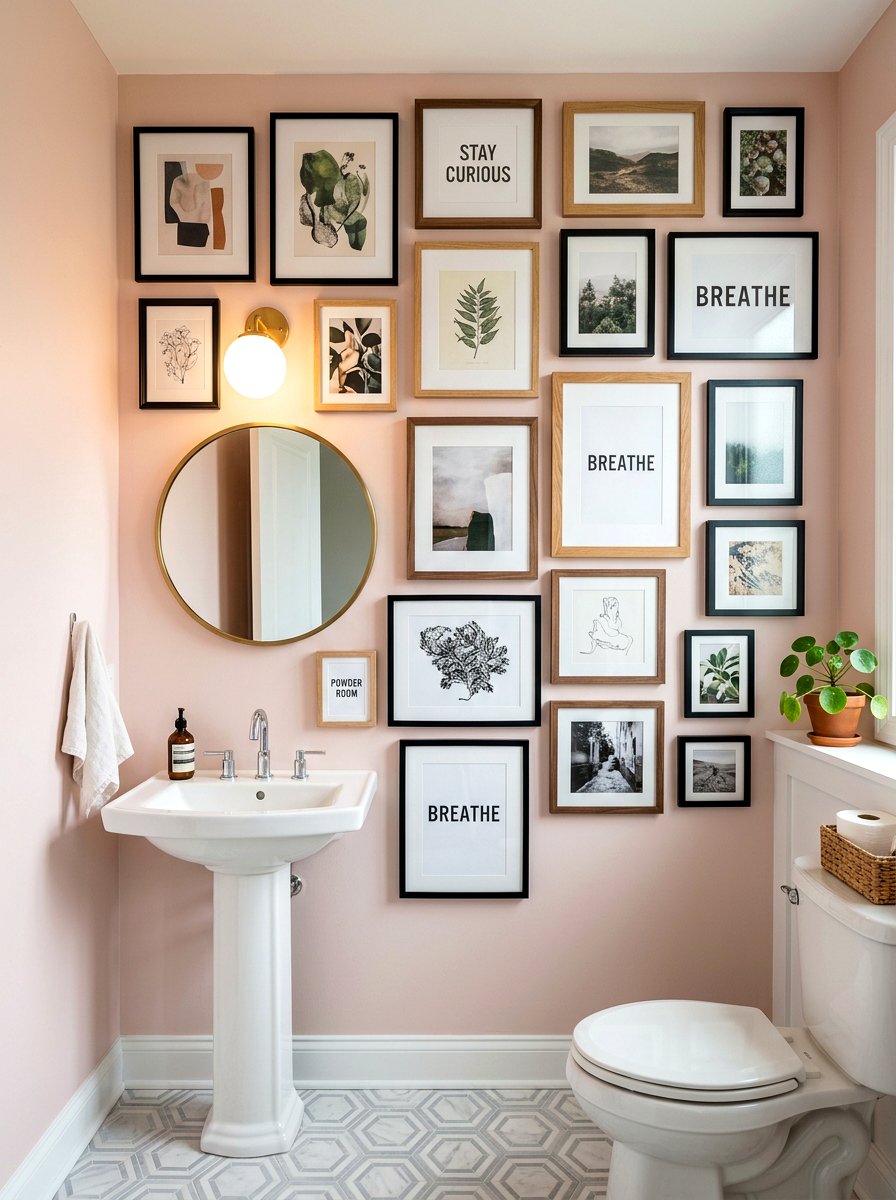 Framed Art Gallery Wall Bathroom - 30 guest powder room decor ideas