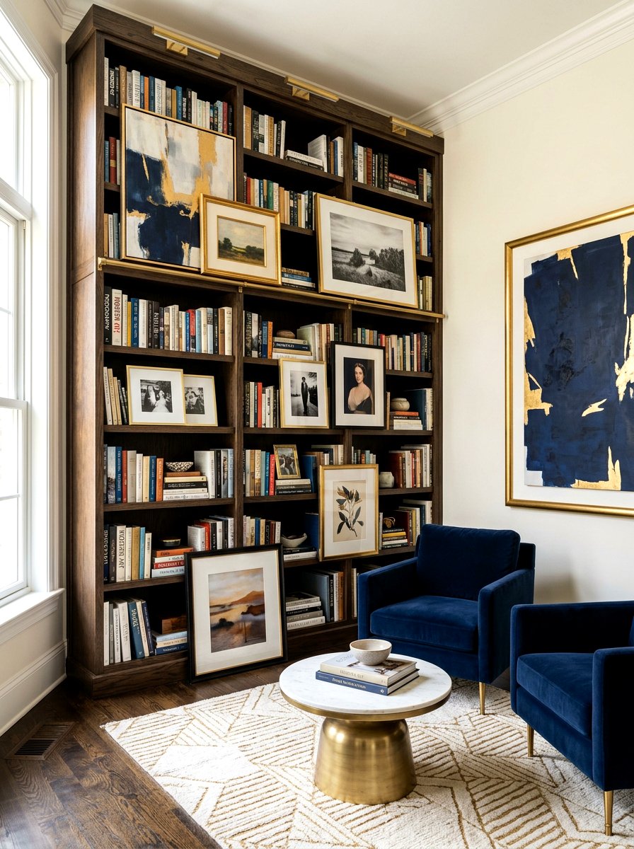 Framed Art On Shelves - 30 bookcase decor ideas