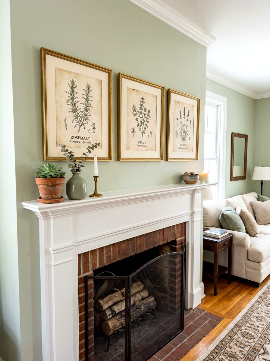 Framed Botanical Art - 30 vintage mantel styling ideas