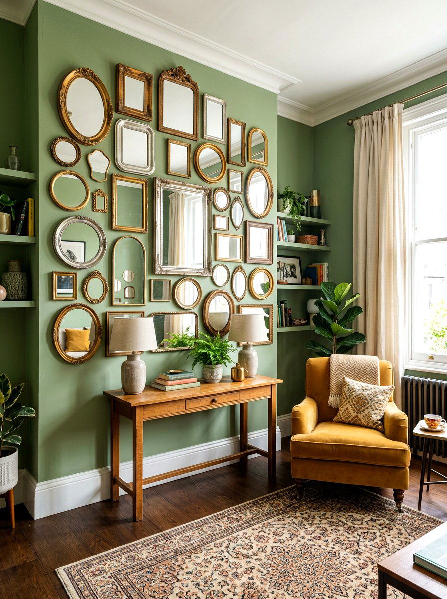 Framed Mirror Collage Living Space - 30 mirror wall small room ideas