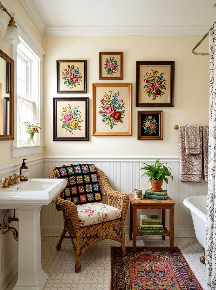 Framed Needlepoint Decor - 30 granny chic bathroom ideas