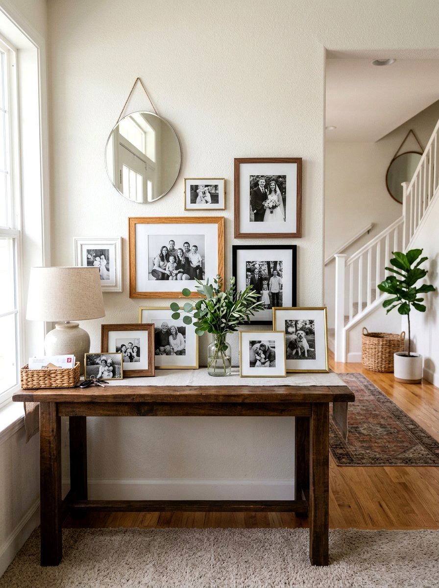 Framed Photo Display - 30 designer entry table decor ideas