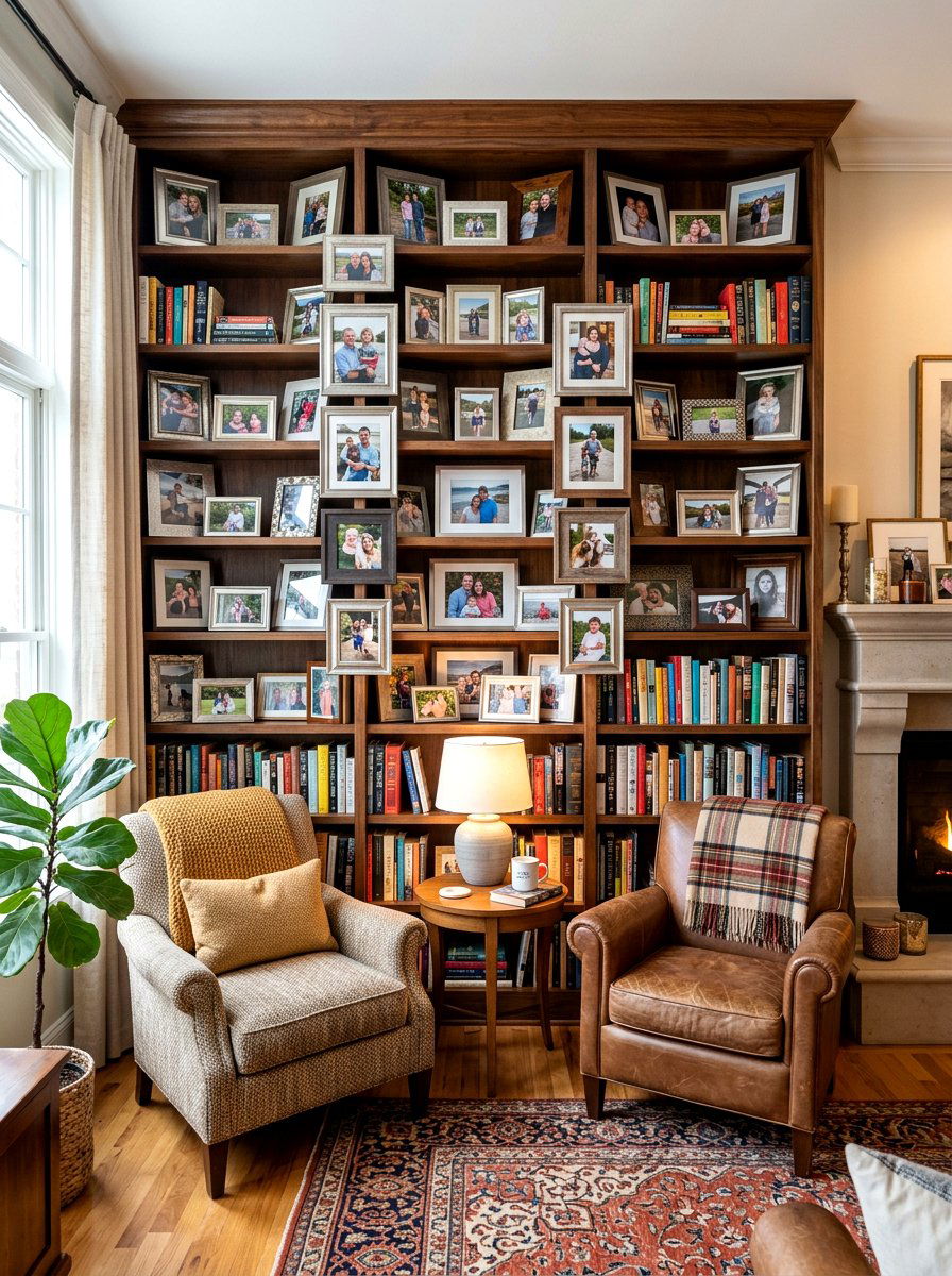 Framed Photo Shelf - 30 aesthetic bookshelf styling apartment ideas