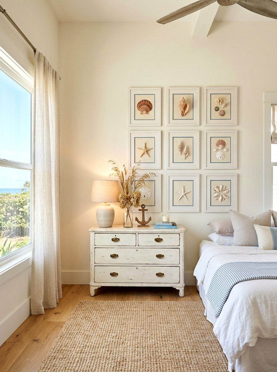 Framed Seashell Art - 30 coastal grandmother bedroom ideas