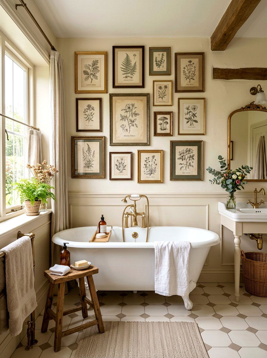 Framed Vintage Art - 30 cottage bathroom ideas