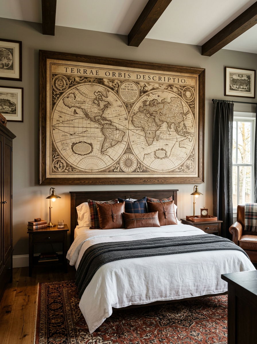 Framed Vintage Map Bedroom - 30 heirloom bedroom decor ideas