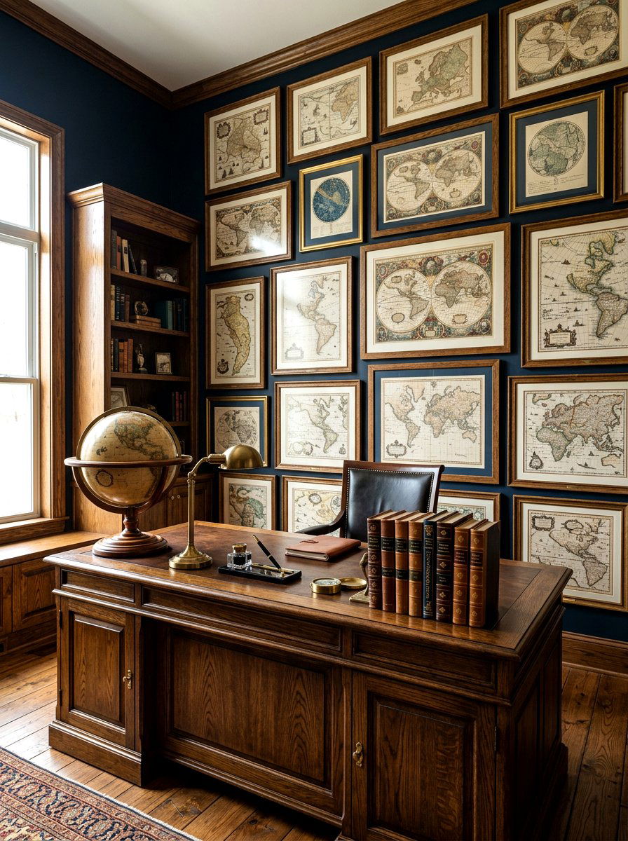 Framed Vintage Maps - 30 art wall office ideas