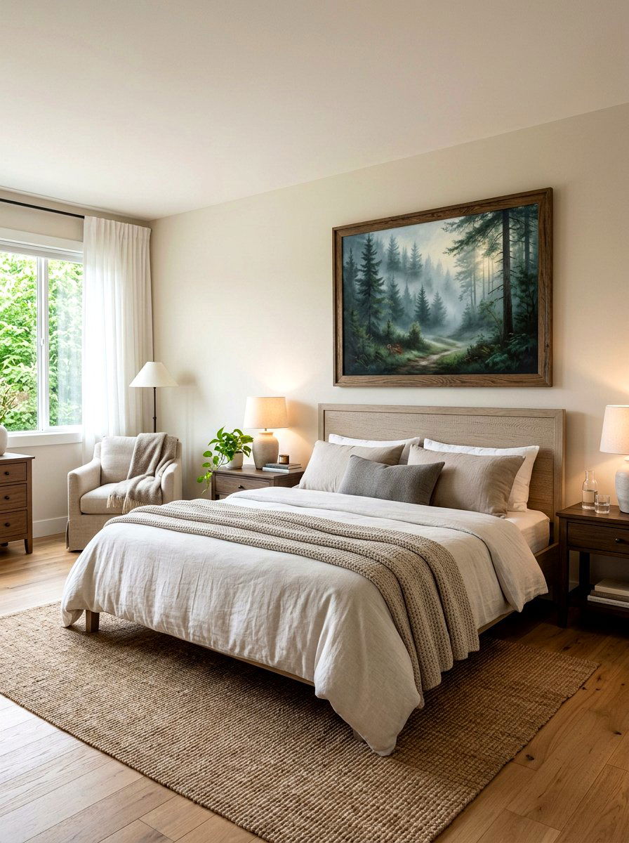 Framed landscape art - 30 calm sensory bedroom decor ideas