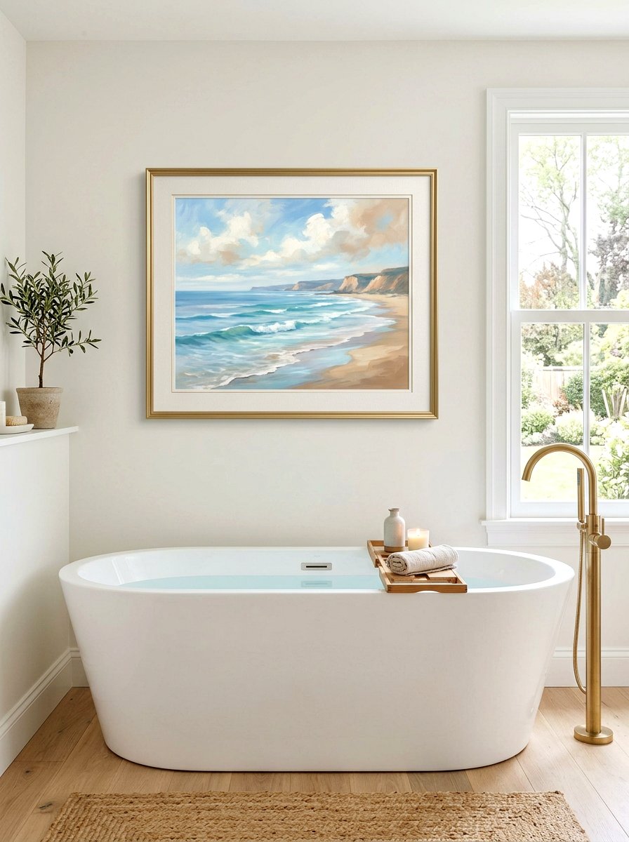 Framed ocean landscape art - 30 coastal grandmother bathroom ideas